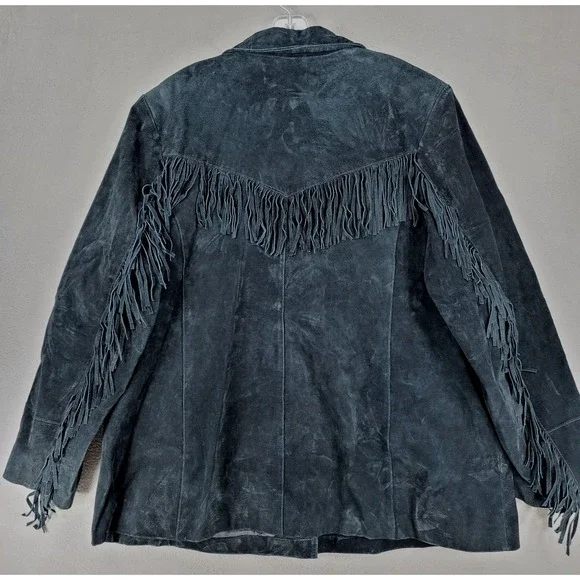Denim & Co. Women Size 2X Suede Leather Fringed Jacket Blazer Black